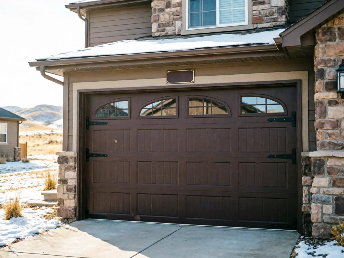 A brown garage door with decorative windows and hardware on a house.
