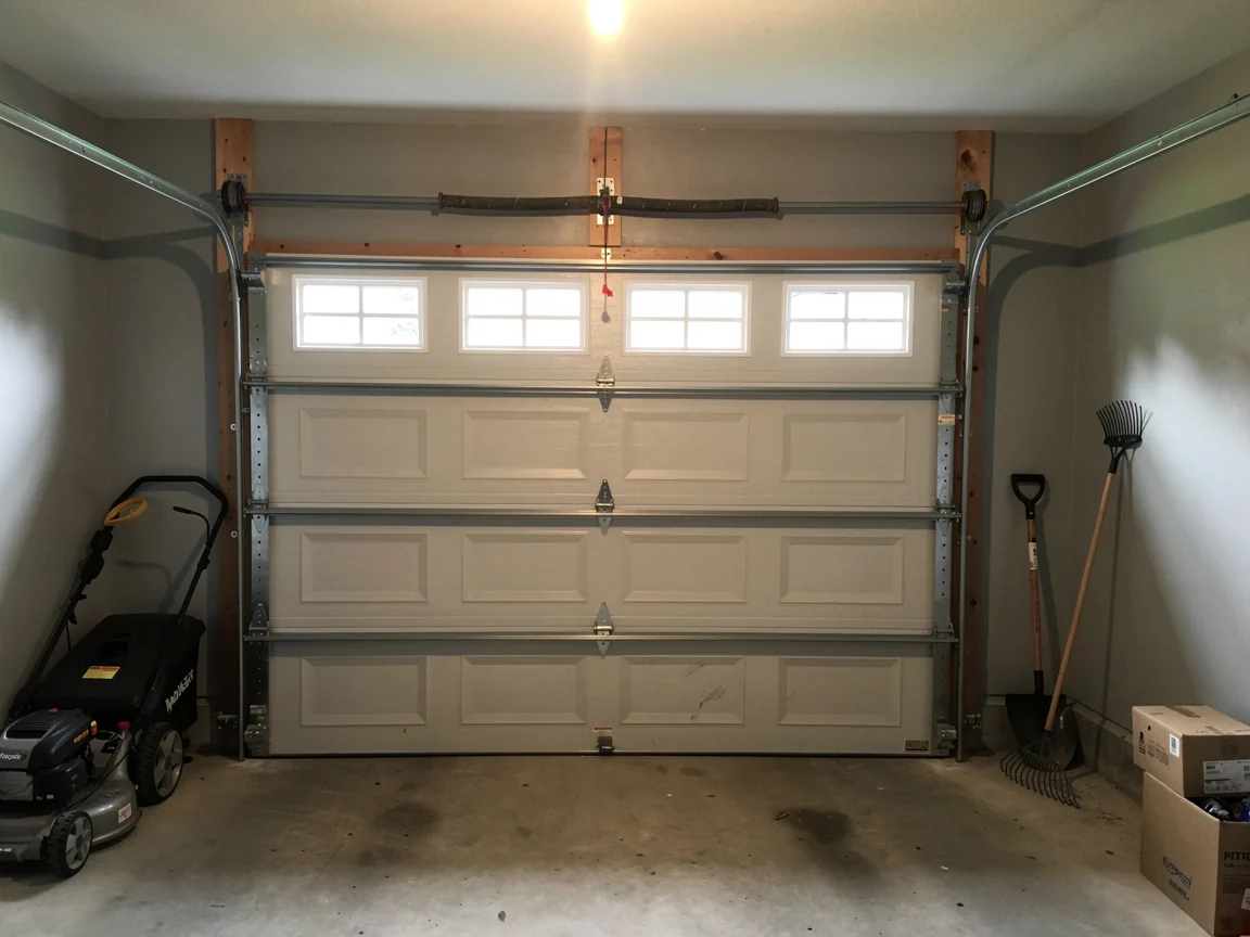 A white garage door with windows and a torsion spring system is visible inside a garage.