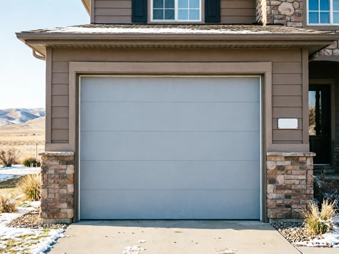 A light gray garage door on a brown house with stone accents.