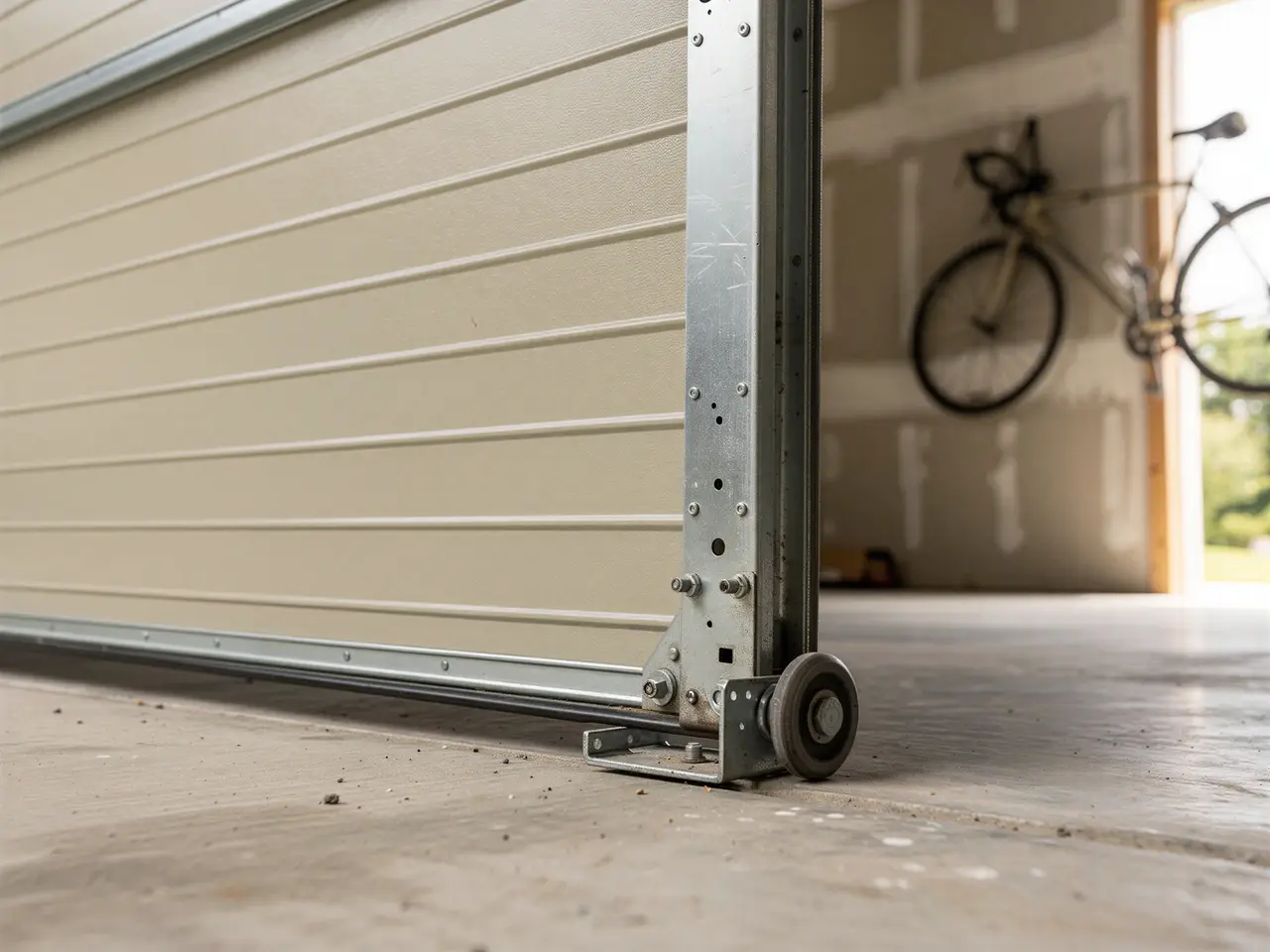 A beige garage door is partially open, showing a roller and track.